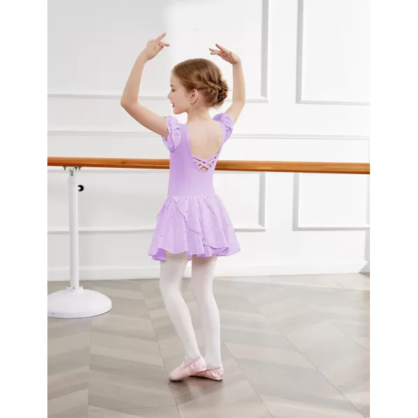 Zaclotre Girls Ruffle Sleeve Ballet Leotards with Skirt Crisscross Back Shiny Dance Leotard Toddler size 311Lilac