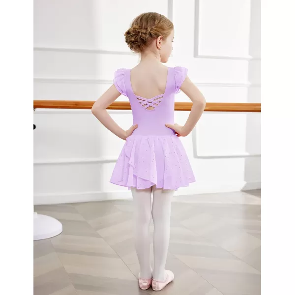 Zaclotre Girls Ruffle Sleeve Ballet Leotards with Skirt Crisscross Back Shiny Dance Leotard Toddler size 311Lilac