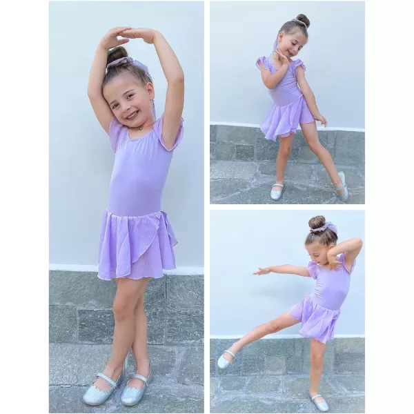 Zaclotre Girls Ruffle Sleeve Ballet Leotards with Skirt Crisscross Back Shiny Dance Leotard Toddler size 311Lilac