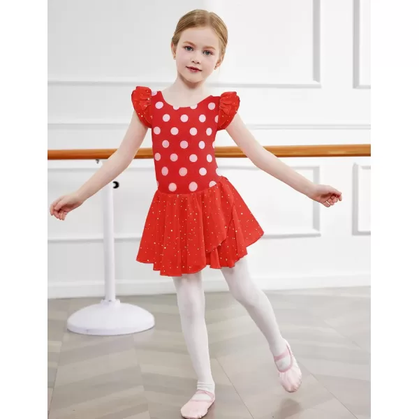 Zaclotre Girls Ruffle Sleeve Ballet Leotards with Skirt Crisscross Back Shiny Dance Leotard Toddler size 311Polka Point Red