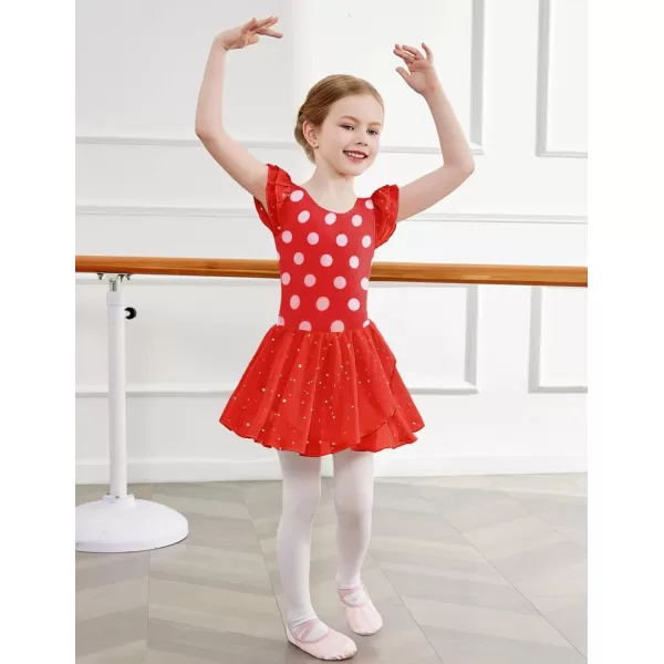 Zaclotre Girls Ruffle Sleeve Ballet Leotards with Skirt Crisscross Back Shiny Dance Leotard Toddler size 311Polka Point Red