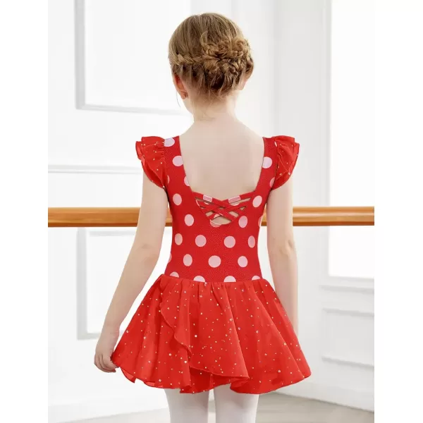 Zaclotre Girls Ruffle Sleeve Ballet Leotards with Skirt Crisscross Back Shiny Dance Leotard Toddler size 311Polka Point Red