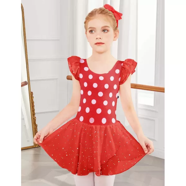 Zaclotre Girls Ruffle Sleeve Ballet Leotards with Skirt Crisscross Back Shiny Dance Leotard Toddler size 311Polka Point Red