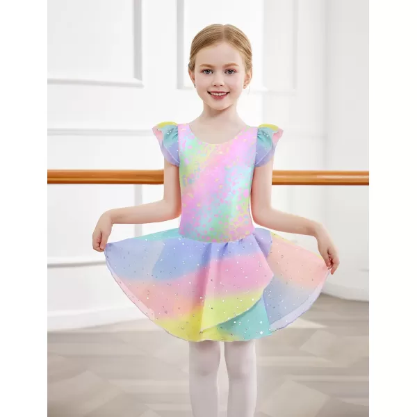 Zaclotre Girls Ruffle Sleeve Ballet Leotards with Skirt Crisscross Back Shiny Dance Leotard Toddler size 311Rainbow Leopard