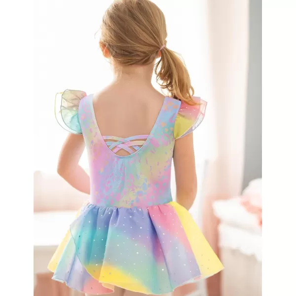 Zaclotre Girls Ruffle Sleeve Ballet Leotards with Skirt Crisscross Back Shiny Dance Leotard Toddler size 311Rainbow Leopard