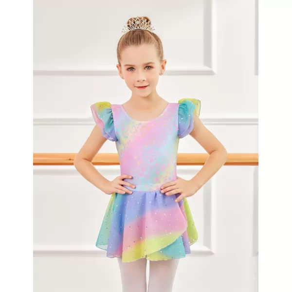 Zaclotre Girls Ruffle Sleeve Ballet Leotards with Skirt Crisscross Back Shiny Dance Leotard Toddler size 311Rainbow Leopard
