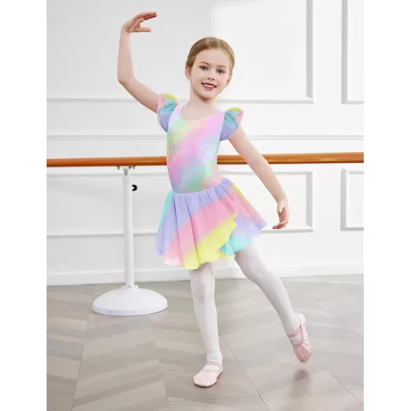 Zaclotre Girls Ruffle Sleeve Ballet Leotards with Skirt Crisscross Back Shiny Dance Leotard Toddler size 311Rainbow Leopard