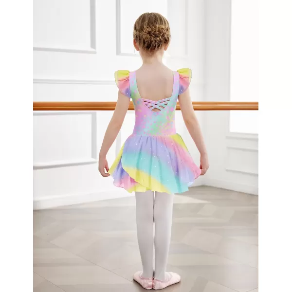 Zaclotre Girls Ruffle Sleeve Ballet Leotards with Skirt Crisscross Back Shiny Dance Leotard Toddler size 311Rainbow Leopard