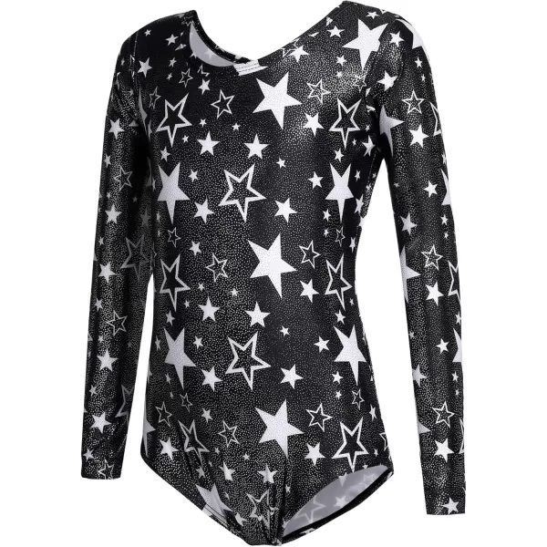 Zaclotre Girls Sparkling Stars Gymnastics Long Sleeve Leotards for Patriotic USA KidsBlackStar Print