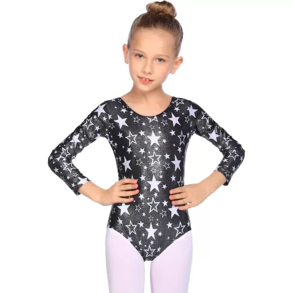 Zaclotre Girls Sparkling Stars Gymnastics Long Sleeve Leotards for Patriotic USA KidsBlackStar Print