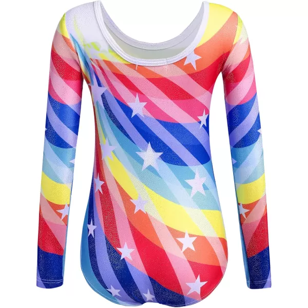 Zaclotre Girls Sparkling Stars Gymnastics Long Sleeve Leotards for Patriotic USA KidsRainbow Stripes