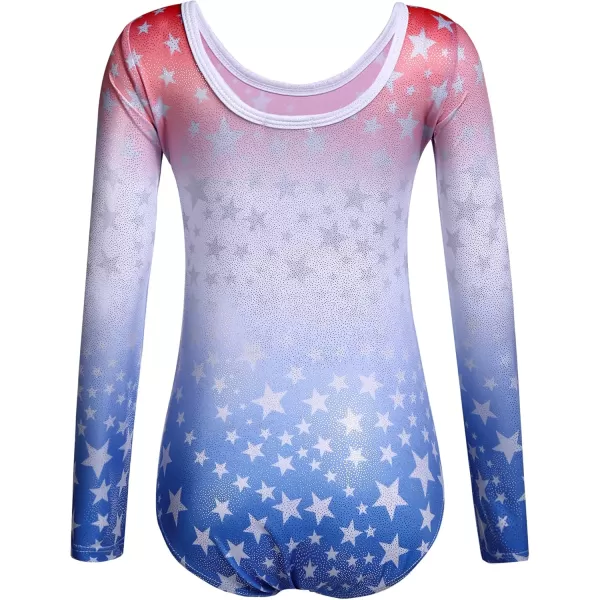 Zaclotre Girls Sparkling Stars Gymnastics Long Sleeve Leotards for Patriotic USA KidsRed and BluePatriotic Star Print