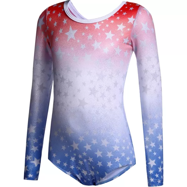Zaclotre Girls Sparkling Stars Gymnastics Long Sleeve Leotards for Patriotic USA KidsRed and BluePatriotic Star Print