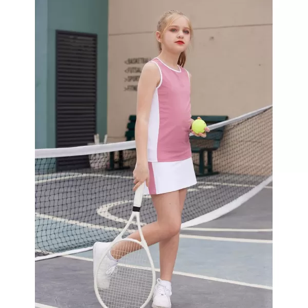 Zaclotre Girls Tennis Golf Dress Outfit Sleeveless Tank Top and Skorts Sets Sport Skirt with ShortsDark Pink