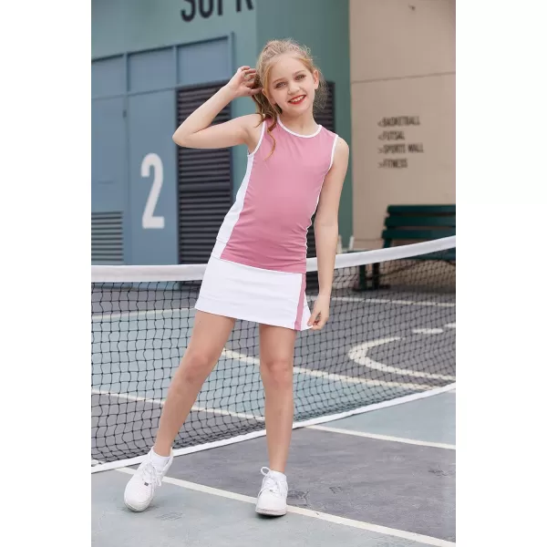 Zaclotre Girls Tennis Golf Dress Outfit Sleeveless Tank Top and Skorts Sets Sport Skirt with ShortsDark Pink