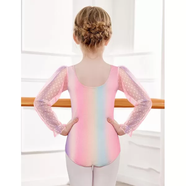 Zaclotre Gymnastics Leotards for Girls Polka Dots Mesh Long Sleeve Ballet Dance Outfit Toddler Size 311 YearsPink Rainbow