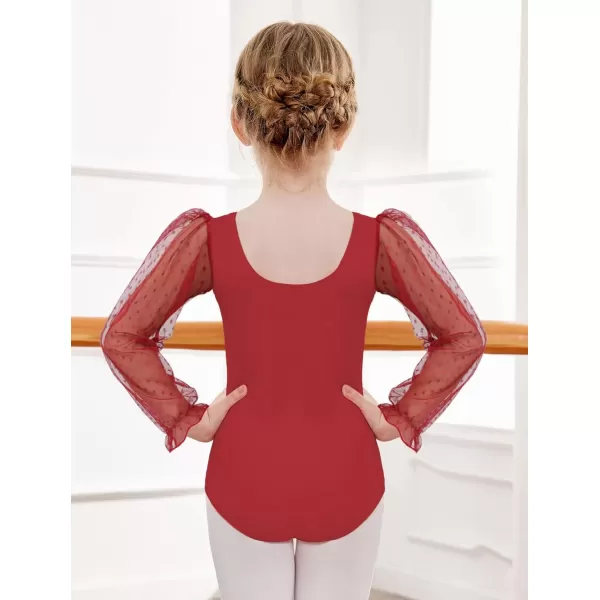 Zaclotre Gymnastics Leotards for Girls Polka Dots Mesh Long Sleeve Ballet Dance Outfit Toddler Size 311 YearsWine