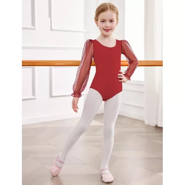 Zaclotre Gymnastics Leotards for Girls Polka Dots Mesh Long Sleeve Ballet Dance Outfit Toddler Size 311 YearsWine