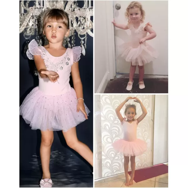 Zaclotre Kid Girls Ruffle Sleeve Ballet Skirted Leotard Shiny Dance Tutu DressesBallet Pink