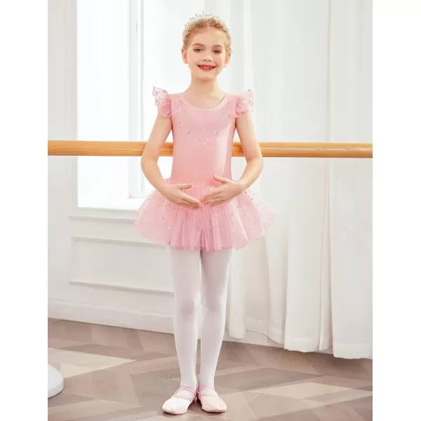 Zaclotre Kid Girls Ruffle Sleeve Ballet Skirted Leotard Shiny Dance Tutu DressesBallet Pink