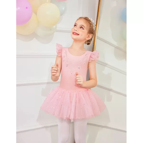 Zaclotre Kid Girls Ruffle Sleeve Ballet Skirted Leotard Shiny Dance Tutu DressesBallet Pink