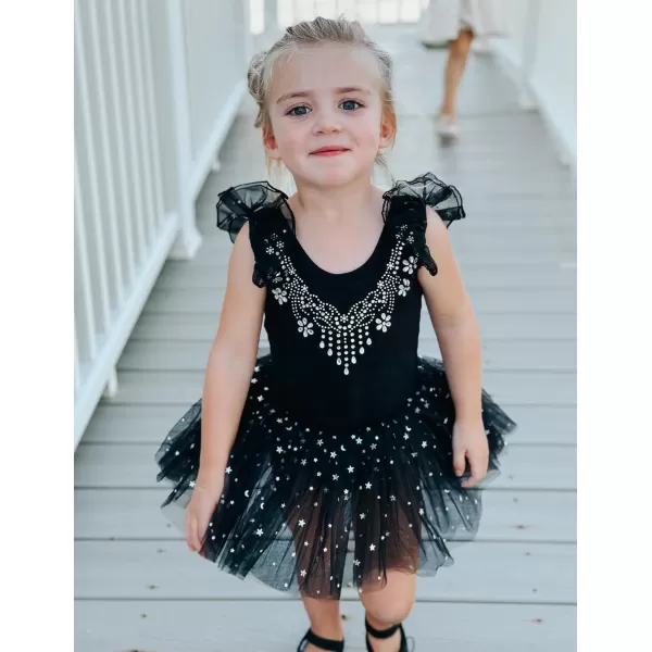Zaclotre Kid Girls Ruffle Sleeve Ballet Skirted Leotard Shiny Dance Tutu DressesBlack