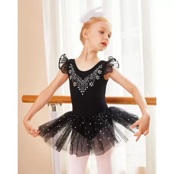 Zaclotre Kid Girls Ruffle Sleeve Ballet Skirted Leotard Shiny Dance Tutu DressesBlack