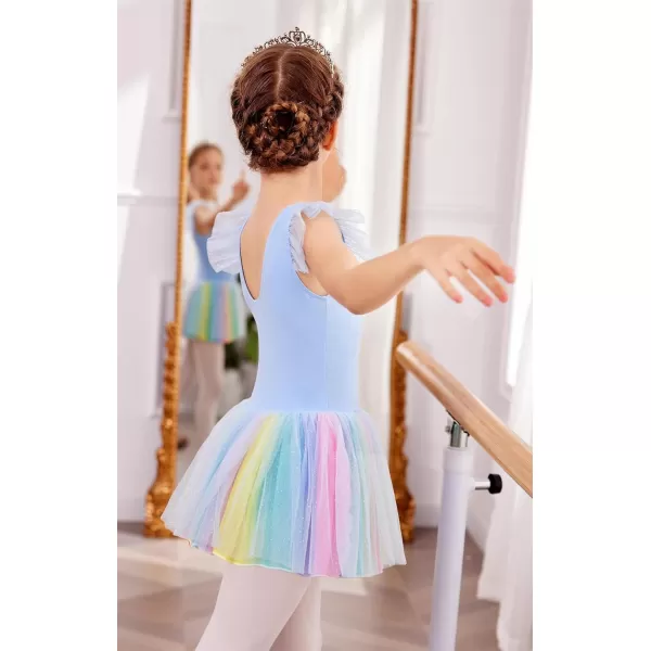 Zaclotre Kid Girls Ruffle Sleeve Ballet Skirted Leotard Shiny Dance Tutu DressesBlue Rainbow