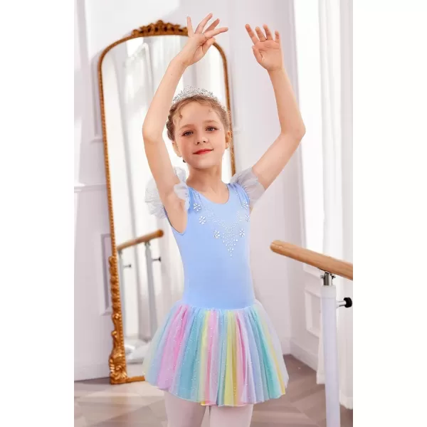 Zaclotre Kid Girls Ruffle Sleeve Ballet Skirted Leotard Shiny Dance Tutu DressesBlue Rainbow