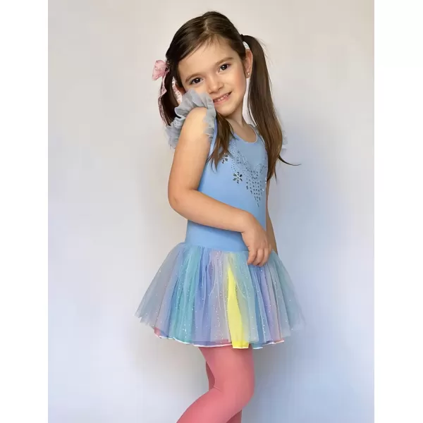 Zaclotre Kid Girls Ruffle Sleeve Ballet Skirted Leotard Shiny Dance Tutu DressesBlue Rainbow