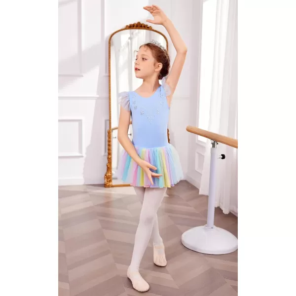 Zaclotre Kid Girls Ruffle Sleeve Ballet Skirted Leotard Shiny Dance Tutu DressesBlue Rainbow