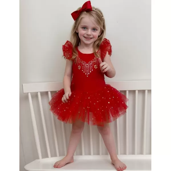 Zaclotre Kid Girls Ruffle Sleeve Ballet Skirted Leotard Shiny Dance Tutu DressesChristmas Red