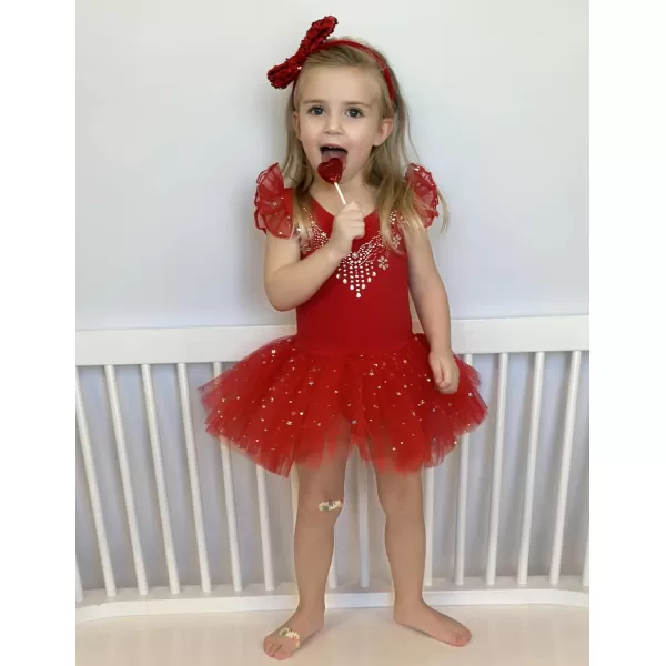 Zaclotre Kid Girls Ruffle Sleeve Ballet Skirted Leotard Shiny Dance Tutu DressesChristmas Red