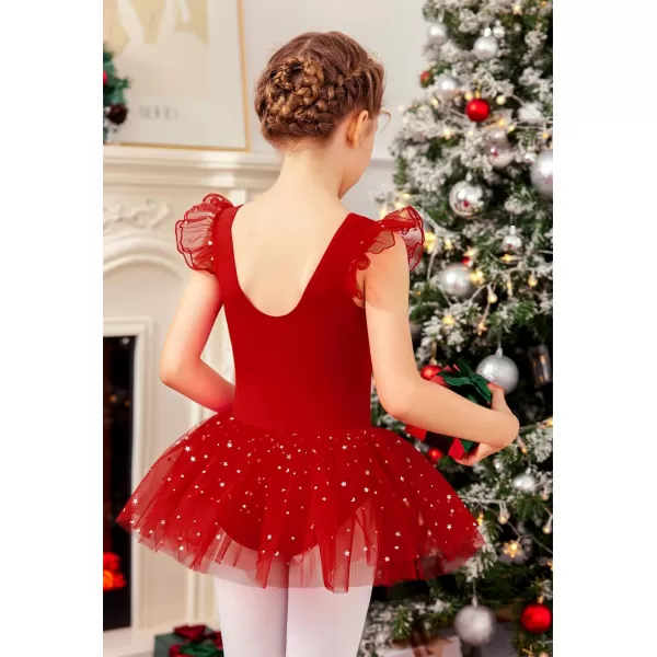 Zaclotre Kid Girls Ruffle Sleeve Ballet Skirted Leotard Shiny Dance Tutu DressesChristmas Red