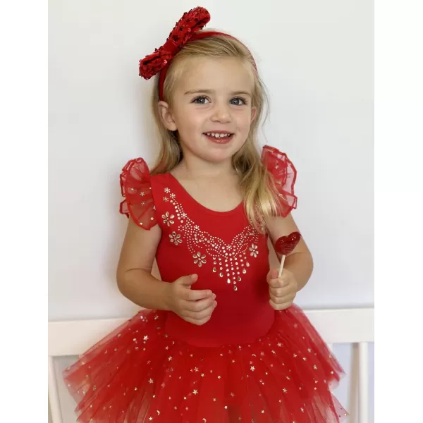 Zaclotre Kid Girls Ruffle Sleeve Ballet Skirted Leotard Shiny Dance Tutu DressesChristmas Red