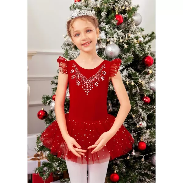 Zaclotre Kid Girls Ruffle Sleeve Ballet Skirted Leotard Shiny Dance Tutu DressesChristmas Red