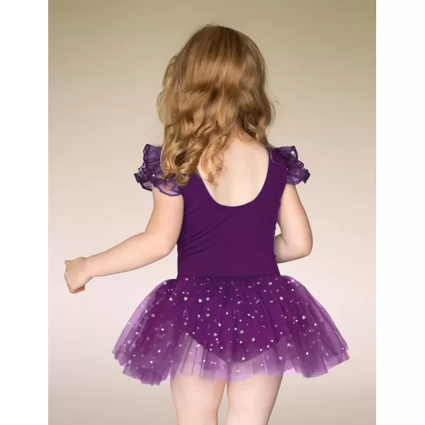 Zaclotre Kid Girls Ruffle Sleeve Ballet Skirted Leotard Shiny Dance Tutu DressesDark Purple