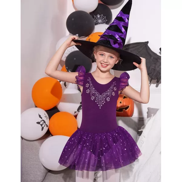 Zaclotre Kid Girls Ruffle Sleeve Ballet Skirted Leotard Shiny Dance Tutu DressesDark Purple