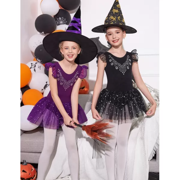 Zaclotre Kid Girls Ruffle Sleeve Ballet Skirted Leotard Shiny Dance Tutu DressesDark Purple