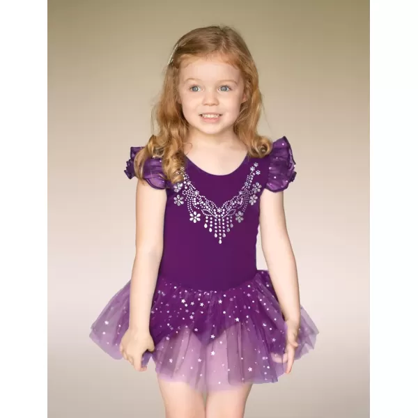 Zaclotre Kid Girls Ruffle Sleeve Ballet Skirted Leotard Shiny Dance Tutu DressesDark Purple