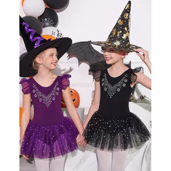 Zaclotre Kid Girls Ruffle Sleeve Ballet Skirted Leotard Shiny Dance Tutu DressesDark Purple