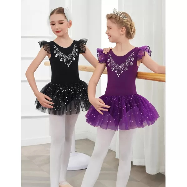 Zaclotre Kid Girls Ruffle Sleeve Ballet Skirted Leotard Shiny Dance Tutu DressesDark Purple