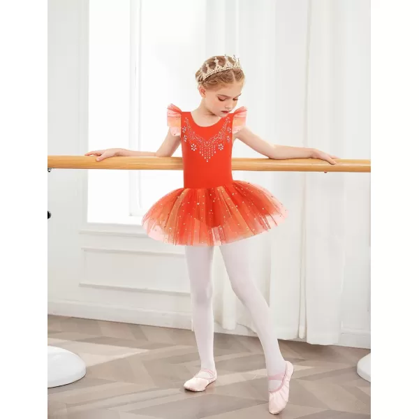 Zaclotre Kid Girls Ruffle Sleeve Ballet Skirted Leotard Shiny Dance Tutu DressesOrange
