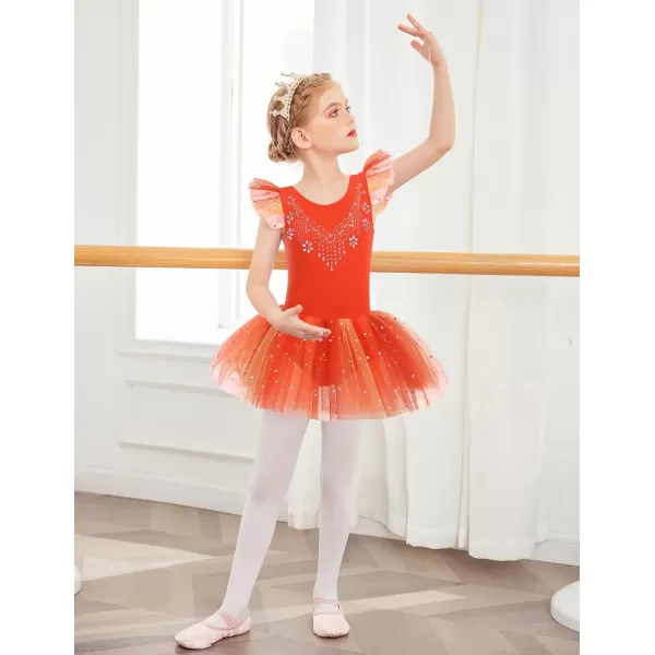 Zaclotre Kid Girls Ruffle Sleeve Ballet Skirted Leotard Shiny Dance Tutu DressesOrange