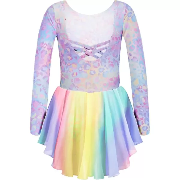 Zaclotre Ballet Leotards for Girls Toddler Classic Long Sleeve CrissCross Back Dance Dress Ballerina OutfitsRainbow Leopard