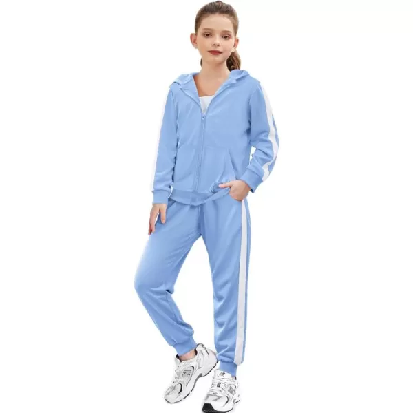 Zaclotre Girls 2 Piece Outfits Sweatsuit Zip Up Hoodie Sweatshirt and Sweatpant Tracksuit Athletic Jogger SetsLight Blue