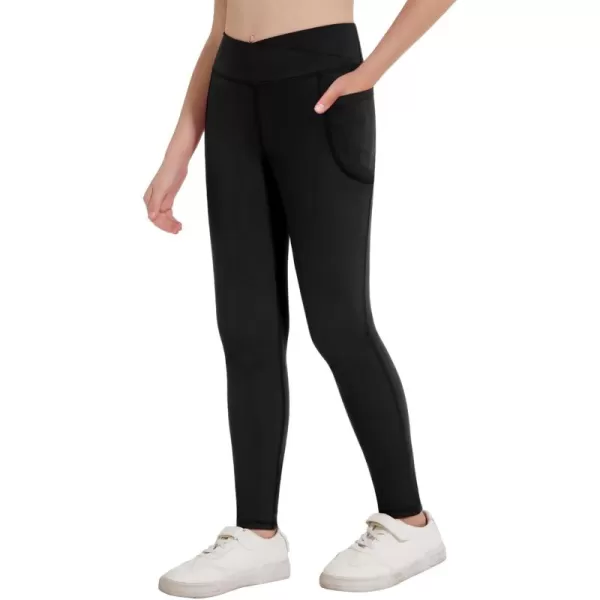 Zaclotre Girls Athletic Leggings Cross High Waisted Yoga Pants for Kids Dance Workout Running Tights with PocketsBlack
