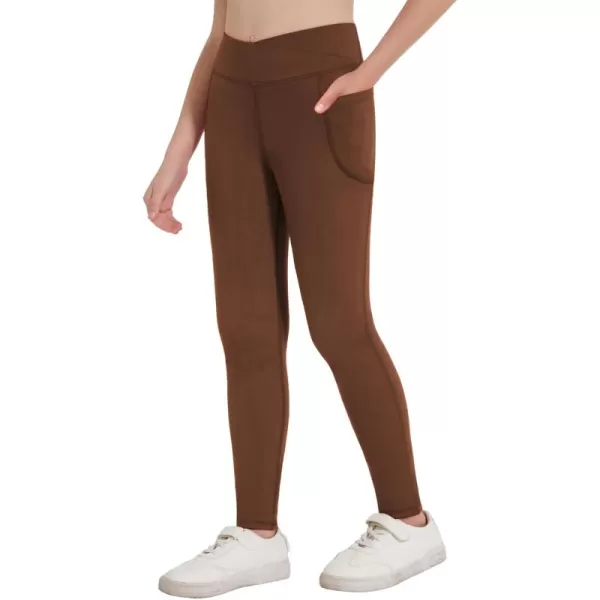 Zaclotre Girls Athletic Leggings Cross High Waisted Yoga Pants for Kids Dance Workout Running Tights with PocketsBrown