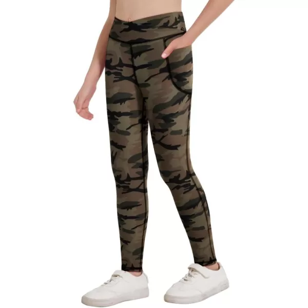 Zaclotre Girls Athletic Leggings Cross High Waisted Yoga Pants for Kids Dance Workout Running Tights with PocketsBrown Camouflage