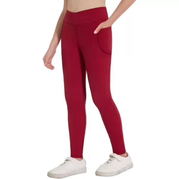 Zaclotre Girls Athletic Leggings Cross High Waisted Yoga Pants for Kids Dance Workout Running Tights with PocketsDark Red